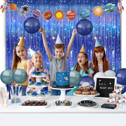 Miniatura 6 de 3 piezas de cortinas de papel de aluminio con temática de galaxia para decoraciones de fiesta espacial, 3.3 x 6.6 pies, cortinas de oropel azul