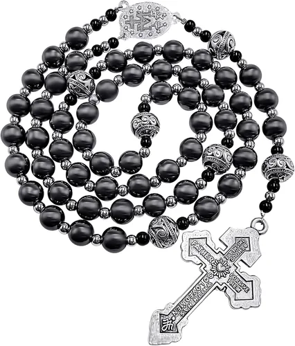 Miniatura 2 de Nazareth Store Pardon Hematite - Rosario para hombre cuentas negras de acero inoxidable medalla milagrosa y cruz de nuestro padre 20 pulgadas