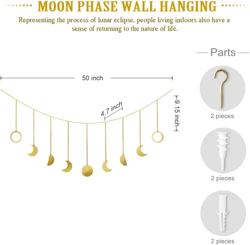 Miniatura 6 de Mkono Fase lunar para colgar en la pared, decoración bohemia estética de habitación, guirnalda de lunas de metal, arte colgante bohemio para Dorado