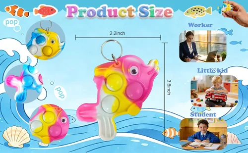 Miniatura 3 de Paquete de 26 llaveros de animales marinos azules, pulpo, peces, delfines, tortugas, tiburones, ballenas, mini llavero Pop para fiestas