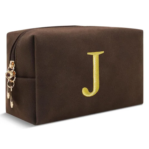 Miniatura 226 de Pequeña bolsa de maquillaje personalizada con inicial A-Z Preppy Patch, bolsa de cosméticos de viaje de felpilla blanca con cremallera, bonita bolsa