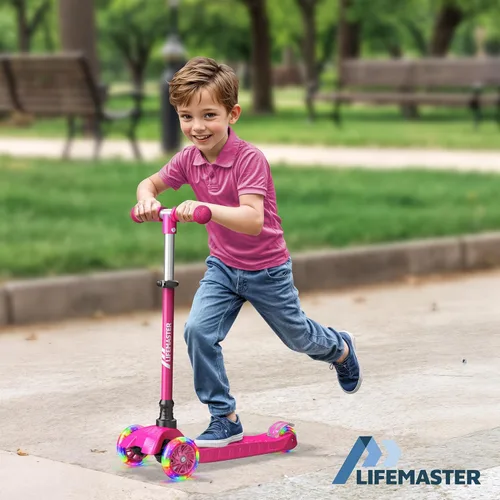 Miniatura 3 de Lifemaster Mini 3-Wheel Kids Scooter with Multi-Color Wheel Lights – 4-Height Adjustable Handlebar, Wide Anti-Slip Deck, Child Safety Certified, Rosa