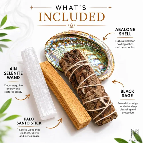 Miniatura 4 de SOUL STICKS El mini kit de manchas para principiantes incluye varita de selenita de concha de abulón 3-4 de salvia blanca y palo santo con guía
