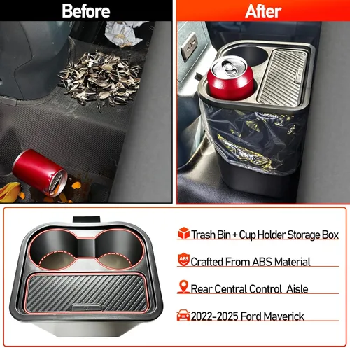 Miniatura 3 de Bote de Basura para Ford Maverick 2025 2024 2023 2022, Bote de Basura Trasero Mejorado con Portavasos Dual para Accesorios Interiores de Maverick
