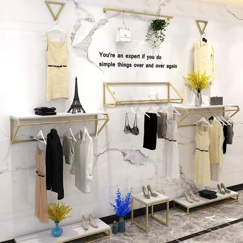 Miniatura 7 de Modern Simple - Estante de exhibición de metal resistente para hombres y mujeres, perchero de pared con madera, riel para ropa, toallero para colgar