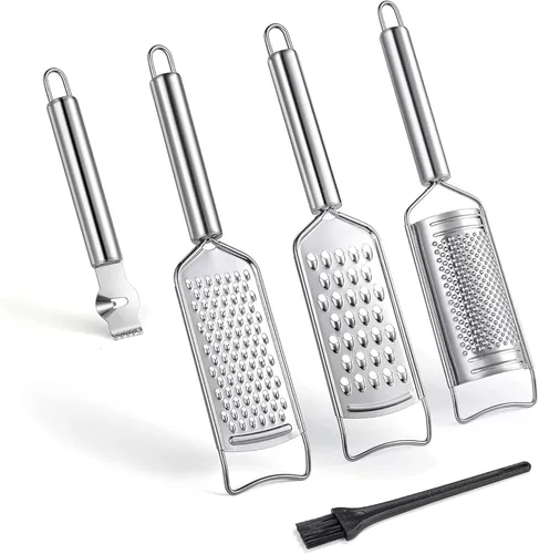 Tongjude Juego de 5 ralladores de queso de acero inoxidable, juego de 5 ralladores de cocina, pelador y cortador, rallador de limón con cepillo de