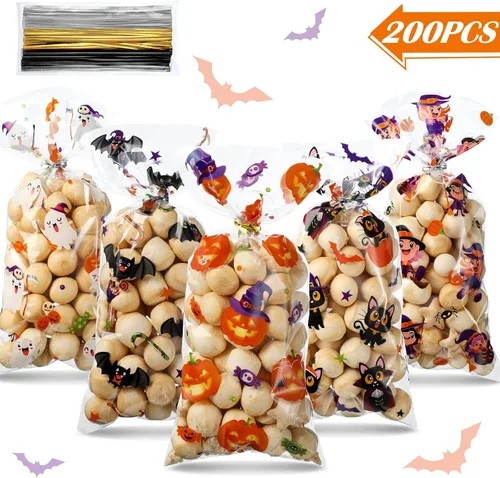 Miniatura 3 de Pajean Bolsas de celofán de Halloween a granel, bolsas de plástico para violonchelo con lazos giratorios, suministros de fiesta temática