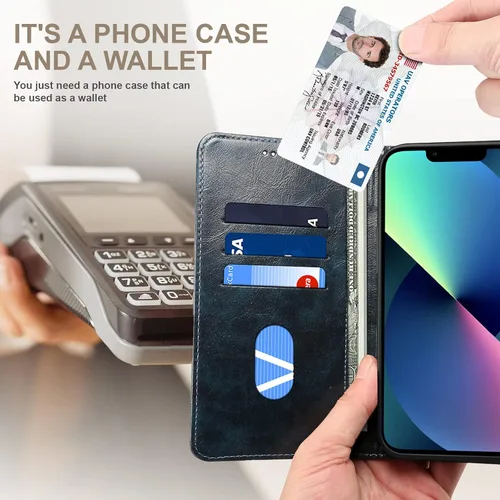 Miniatura 2 de SINIANL Funda compatible con iPhone 15, funda de piel azul con soporte magnético, soporte para tarjetas de crédito, funda tipo cartera