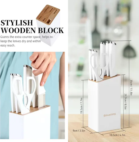 Miniatura 6 de Juego de cuchillos blancos con bloque, juego de 7 piezas de bloque de cuchillos pequeños con hoja de acero inoxidable, mango ergonómico, juego