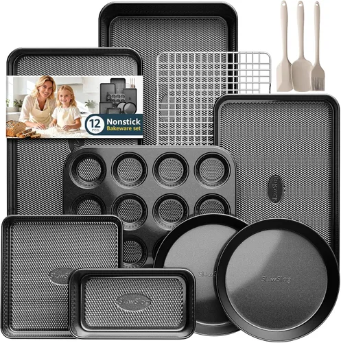 Miniatura 14 de Juego de 12 piezas para hornear antiadherente, juegos de utensilios para hornear no tóxicos con bandeja para hornear, molde para tartas, molde