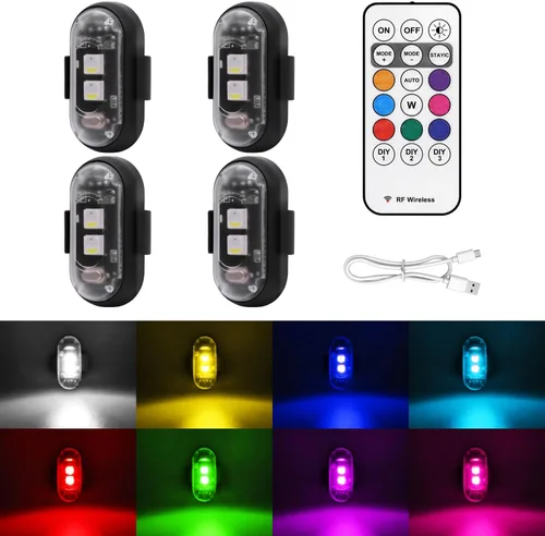 4 piezas de luces estroboscópicas LED inalámbricas con control remoto, 8 colores, carga USB, impermeables, luces de advertencia de emergencia