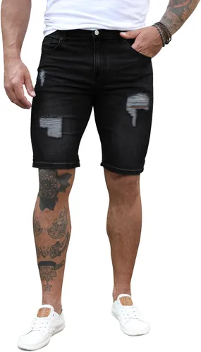 Miniatura 3 de JMIERR Pantalones cortos de mezclilla para hombre, estilo casual, elásticos, ajustados, lavados, desgastados, enrollados, rasgados, para hombre
