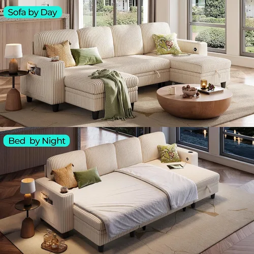 Miniatura 3 de LINSY HOME - Sofá cama seccional con sofá cama extraíble, sofá de corduroy mullido convertible en forma de nube con chaise longue de almacenamiento