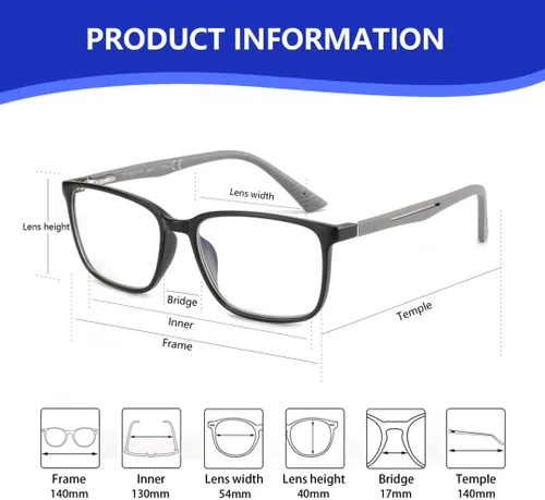 Miniatura 2 de BLUEMOKY Gafas de lectura de luz azul para hombres, lectores de marco cuadrado deportivo, gafas de computadora antirreflejos C01 gris/negro