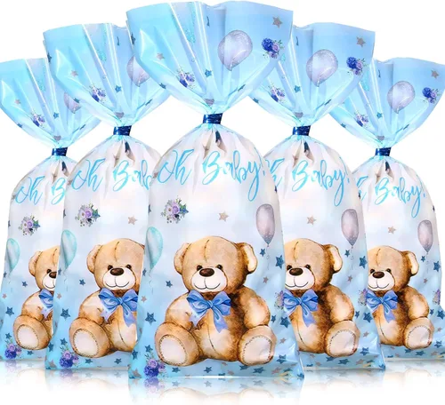 Pajean Paquete de 100 bolsas de regalo de oso para baby shower, de celofán, bolsas de regalo de plástico a granel con lazos metálicos para