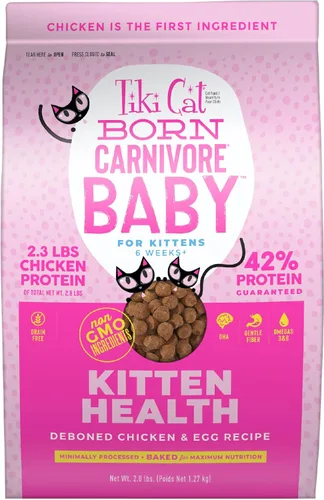 Tiki Cat Born Carnivore Baby Kitten Health Alimento seco para gatos, pollo y huevo deshuesados, bolsa de 2.8 libras