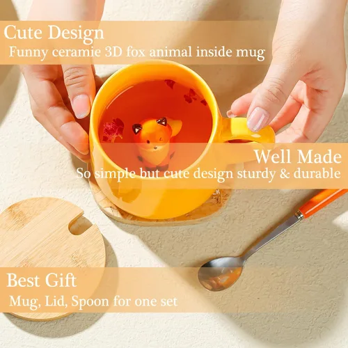 Miniatura 3 de BigNoseDeer Taza de café de cerámica Kawaii Fox con diseño de zorro 3D en el interior, con tapa y cuchara, regalos de cumpleaños, regalos lindos