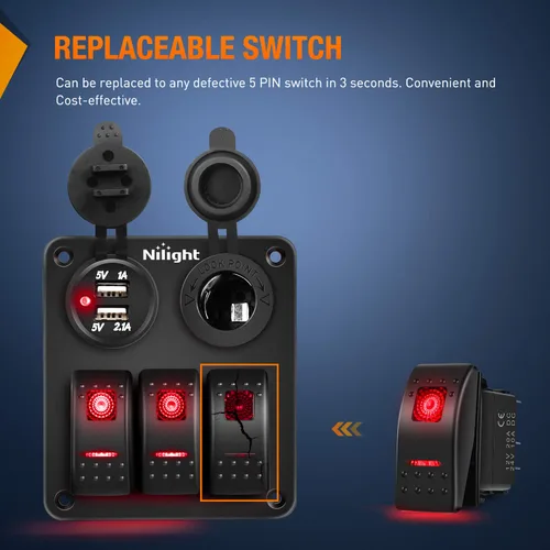 Miniatura 5 de Nilight - Interruptores basculantes de 6 unidades con calcomanías de brillo nocturno, 5 pines SPST, con retroiluminación roja de 12V/24V, para Rojo