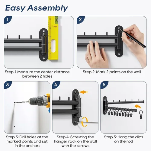 Miniatura 7 de Estante de secado de pared, 2 niveles con brazo oscilante, colgador de ropa plegable que ahorra espacio con 10 clips para lavandería, organizador