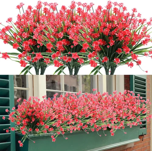 Miniatura 10 de 4 paquetes de flores artificiales, vegetación artificial falsa, resistente a los rayos UV, no se decolora, plantas de plástico sintético para ramo
