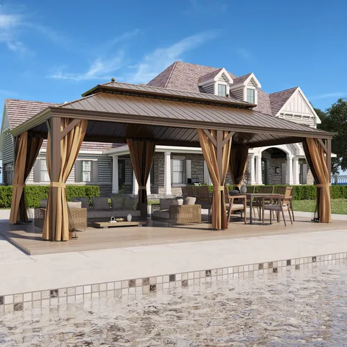 Miniatura 28 de Cenador de techo rígido de 12'x16', Cenador de patio de aluminio para exteriores con toldo de acero galvanizado de doble techo con malla y cortinas