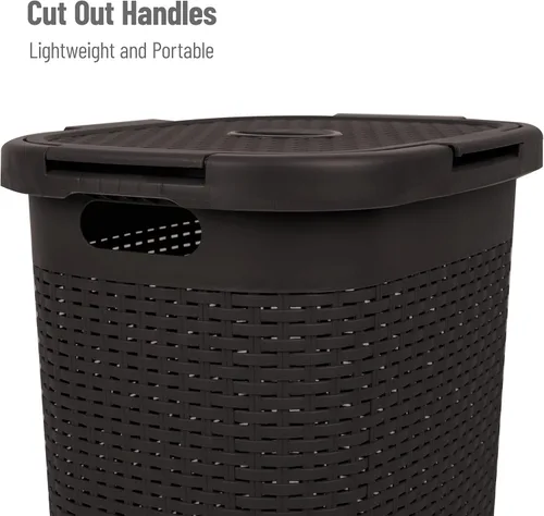 Miniatura 4 de Mind Reader - Cesta de ropa delgada con tapa, cesta de 60L, diseño de mimbre premium, plástico, color café Marrón