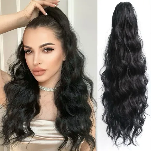 Miniatura 32 de Extensión de cola de caballo ondulada y rizada de 20 pulgadas de largo, peluca sintética de cola de caballo falsa con clip, extensiones de cabello