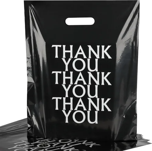 POPGIFTU Bolsas de agradecimiento negras de 12 x 15 pulgadas con asas, paquete de 100 bolsas de plástico para pequeñas empresas, minoristas,