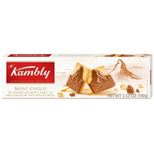 Kambly Galletas Mont Choco, 3.5 oz | Galletas de mantequilla con una tableta de chocolate con leche con trozos de turrón | Producto de Suiza