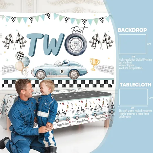 Miniatura 5 de Dos decoraciones de cumpleaños rápidas para niños – 138 piezas de auto de carreras de 2º cumpleaños suministros de fiesta con telón de fondo