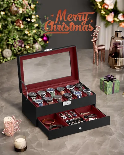 Miniatura 53 de SONGMICS UJWB012 - Caja de reloj de 12 ranuras, caja de reloj con cerradura con tapa de vidrio, 2 capas, con 1 cajón para anillos, pulseras, idea