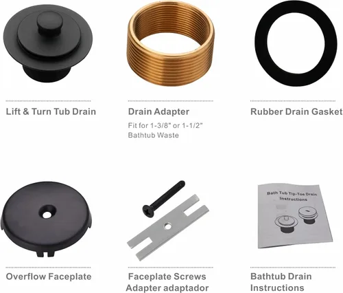 Miniatura 6 de Kit de Conversión de Drenaje de Bañera Negro con Placa Frontal de Desbordamiento de Un Solo Orificio, Wellup Todo Metal Kit de Ajuste de Drenaje