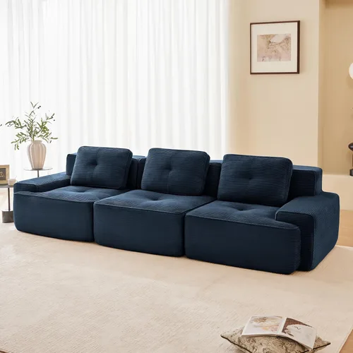 Miniatura 4 de Sofá seccional modular comprimido sin estructura de 117", sofás seccionales de 3 plazas para sala de estar, sofá seccional modular de pana azul