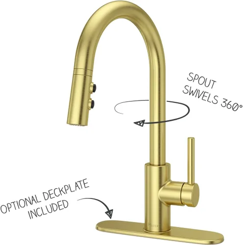 Miniatura 6 de Pfister Stellen - Grifo de cocina con pulverizador extraíble, de una sola manija, de alto arco, acabado en oro cepillado, LG529SABG