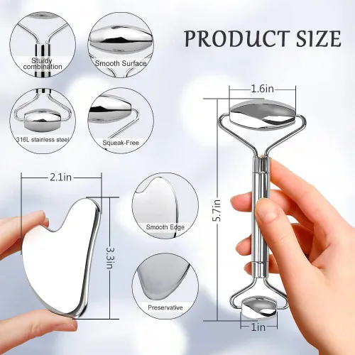 Miniatura 6 de Gua Sha Juego de herramientas faciales, rodillos faciales de hielo, bolígrafo de acupuntura manual, Gua Sha inoxidable, juego de masaje de acero