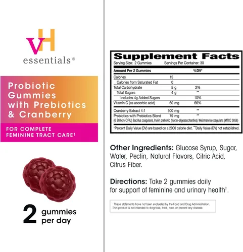 Miniatura 5 de vH essentials Gomitas probióticas con prebióticos y arándano, extracto concentrado para la salud del tracto urinario, apoya el equilibrio