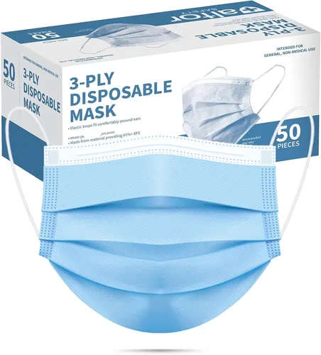 Miniatura 2 de 50 cubrebocas desechables azules para adultos, mujeres y hombres, 3 capas, color azul sólido, transpirable, protección facial completa