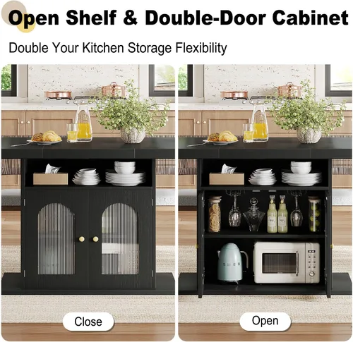 Miniatura 3 de HSH Mesa de comedor negra para 4 a 6, moderna mesa de comedor de cocina con estante de almacenamiento de 3 niveles y gabinete de puerta acrílico