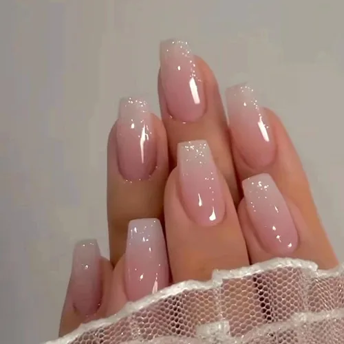 Miniatura 9 de Uñas postizas a presión en forma de almendra, uñas postizas medianas y brillantes, uñas adhesivas con punta francesa, cobertura completa, uñas