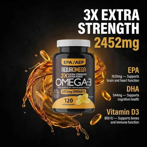 Miniatura 7 de AQUAOMEGA 3X Aceite de pescado omega-3 extra fuerte para apoyo cardíaco, cerebro e inmunológico, 1636 mg EPA, 544 mg de DHA + vitamina D3
