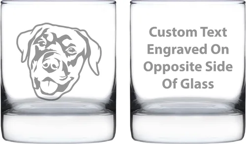 Custom Happy Rottweiler - Whiskey Rocks Glass - Unique Rottweiler Themed Dog Gifts and Party Decor for Women and Men - 10.25 Oz - Customized Glasses
