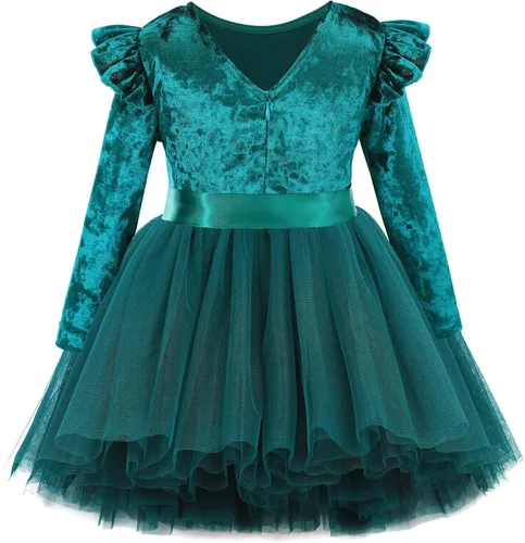 Miniatura 2 de Flofallzique Vestido de terciopelo para niñas pequeñas, con volantes, de manga larga, vestido de tul de princesa para fiesta de cumpleaños, de 1 a