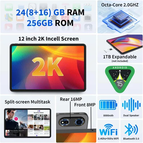 Miniatura 2 de Tableta Android 15 de 12 pulgadas, tableta Android mejorada 2026 con teclado, 24GB RAM+256GB ROM (expansión 1TB), Octa-Core, pantalla 2K 2000x1200