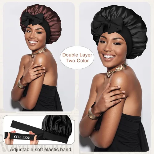 Miniatura 2 de Gorro de satén de seda para dormir, gorro de seda de doble capa con banda elástica para cabello rizado Negro+marrón