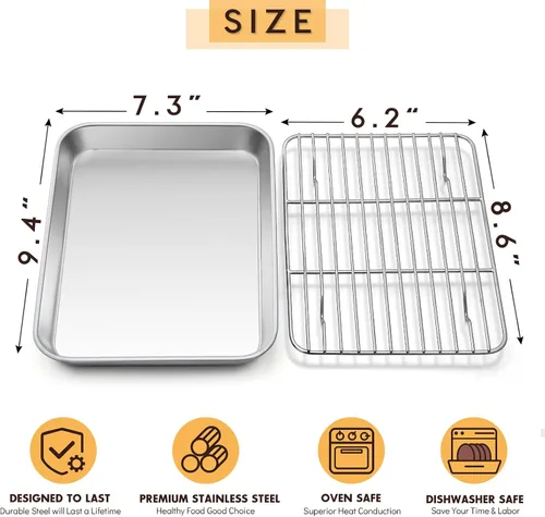 Miniatura 2 de E-far Bandeja pequeña de metal para horno tostador con juego de estante, bandeja para hornear de 9.4 x 7.3 pulgadas con rejilla de enfriamiento