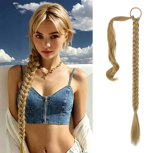 Miniatura 30 de Sofeiyan Extensión de cola de caballo de trenza larga con banda para el cabello, lacio, elegante, envolvente, extensiones de cabello trenzado, cola