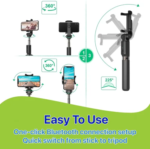 Miniatura 8 de Trípode para selfie stick con bolsa de control remoto inalámbrico, extensible y ajustable, soporte ligero V-Log compatible con todos los iPhone