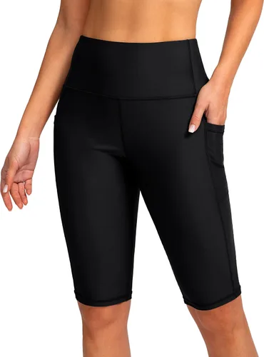 SANTINY Pantalones cortos de natación de cintura alta de 812 pulgadas para mujer con bolsillos, UPF50+ pantalones cortos de natación largos para