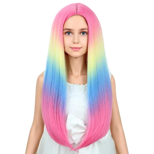 Miniatura 20 de PATTNIUM Peluca de color rosa intenso para niños, peluca larga y recta, color rosa, para niñas, color magenta, color rosa neón, pelucas sintéticas