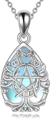 YFN Collar con dije de triple luna y diosa de plata esterlina, pentagrama y ópalo, collar con dije de ópalo pagano, amuleto mágico wiccano, árbol de